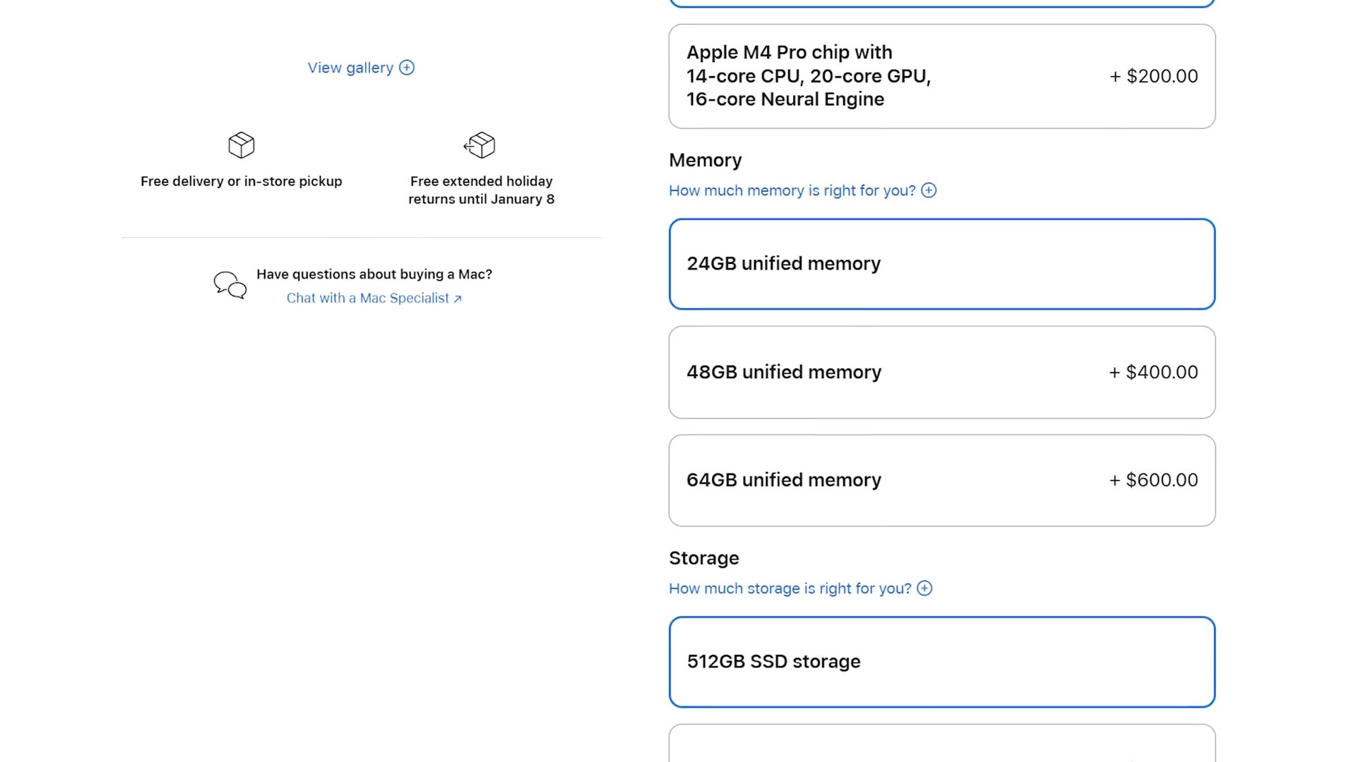 Apple's Mac mini memory options showing 24GB selected, 48GB for an extra $400 and 64GB for an extra $600, above a 14-core CPU upgrade priced at $200