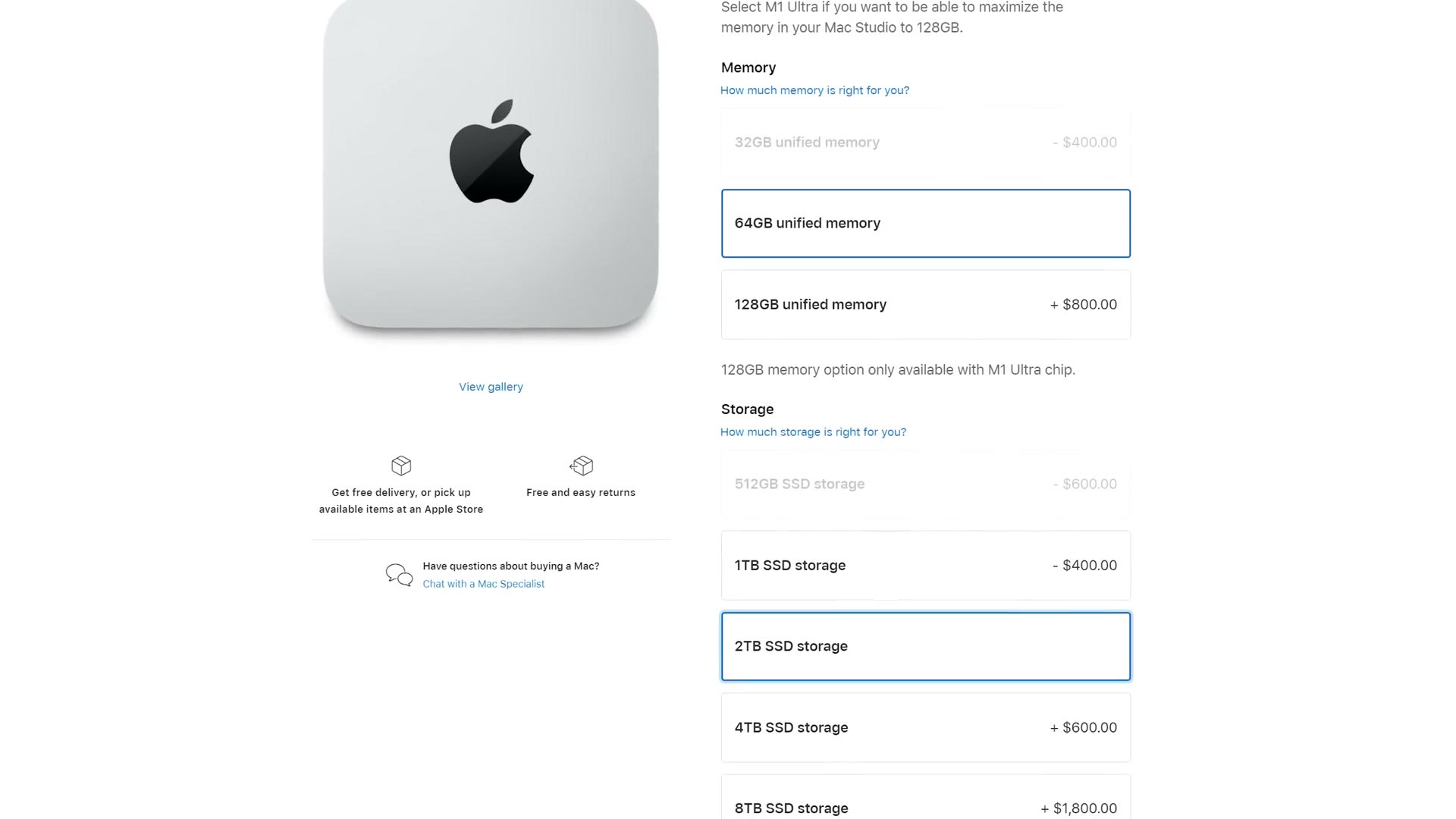 Mac Studio 1TB versus 2TB SSD pricing