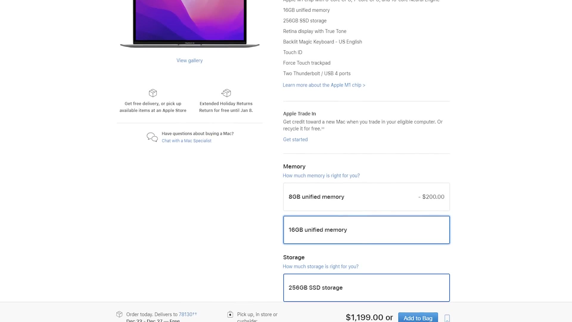 MacBook Air configurator with 16GB of unified memory