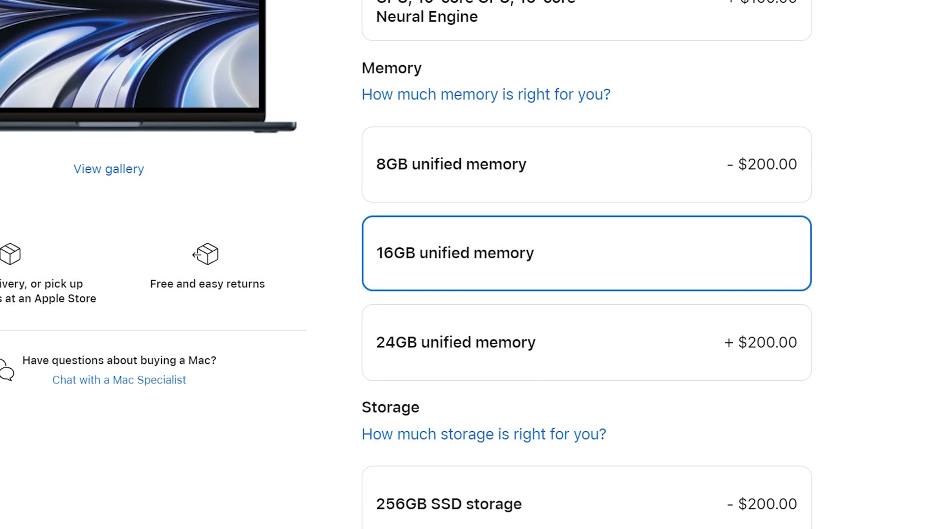 Apple configurator showing 16GB of unified memory selected