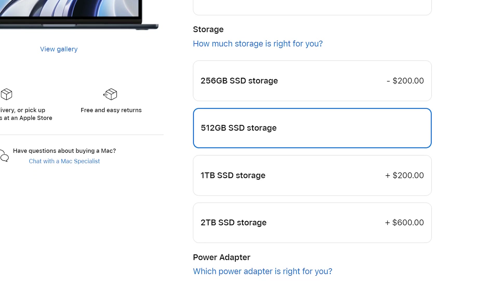 Apple configurator showing the 512GB SSD option selected