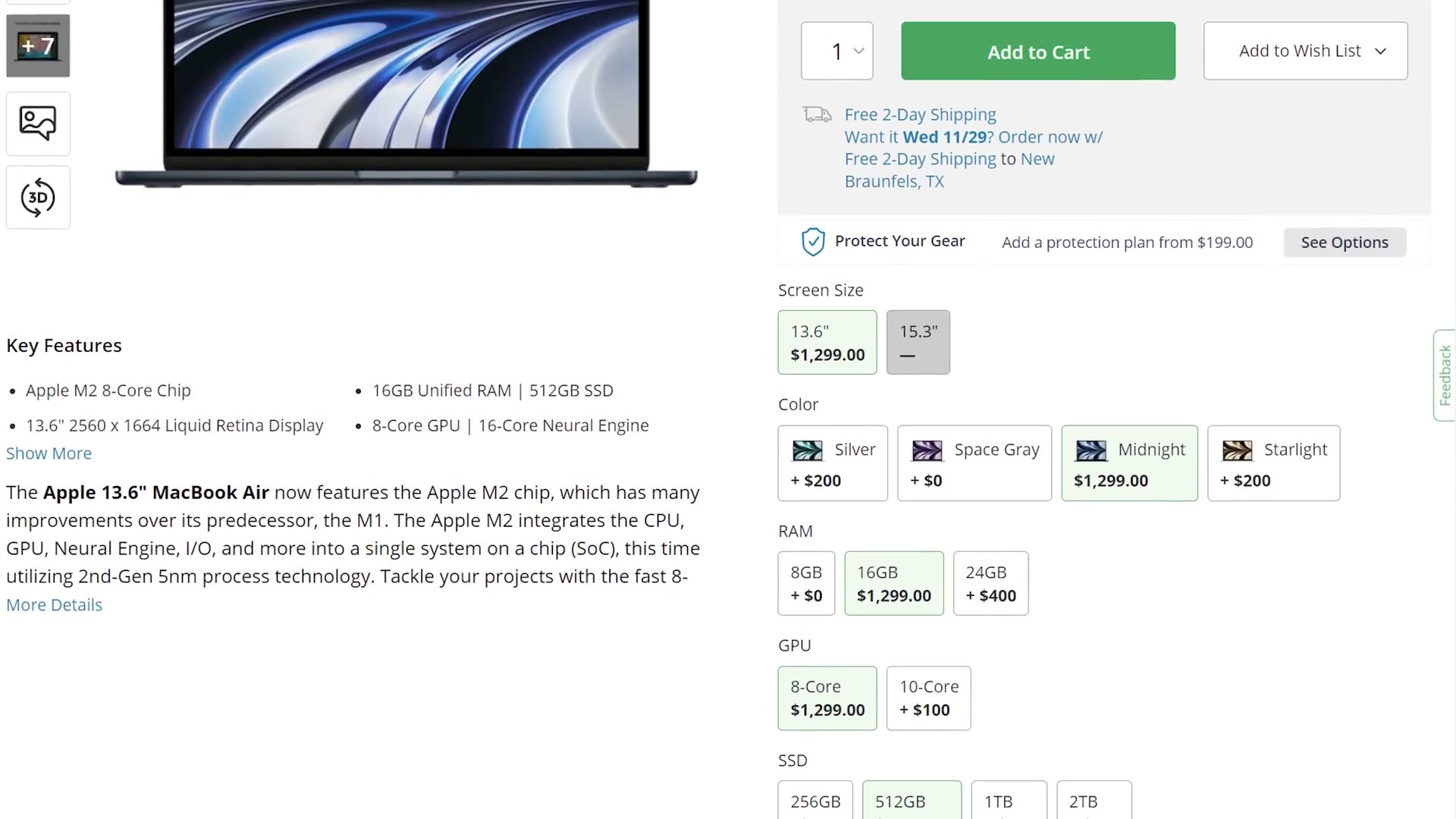 The B and H configuration options for the M2 MacBook Air showing memory and SSD choices
