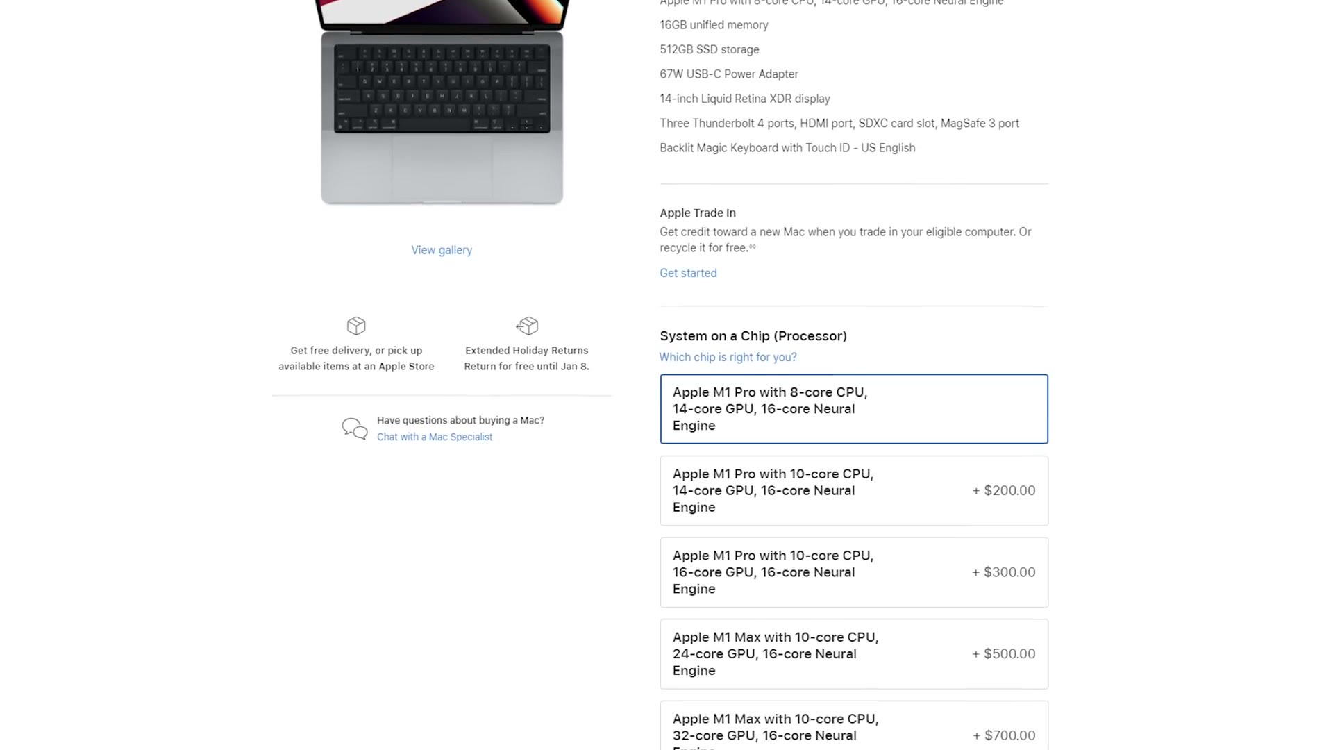 14 inch MacBook Pro configuration page