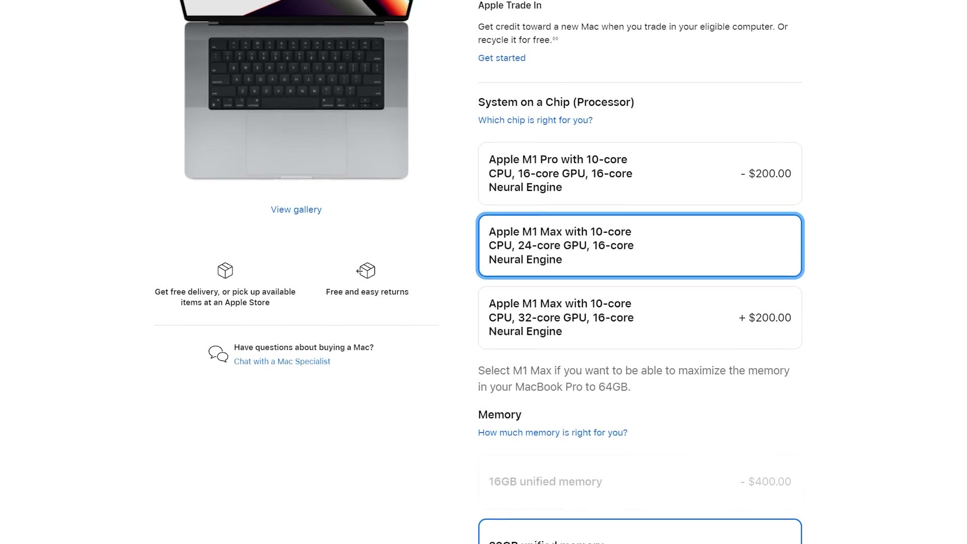 MacBook Pro configurator showing the same M1 Max chip
