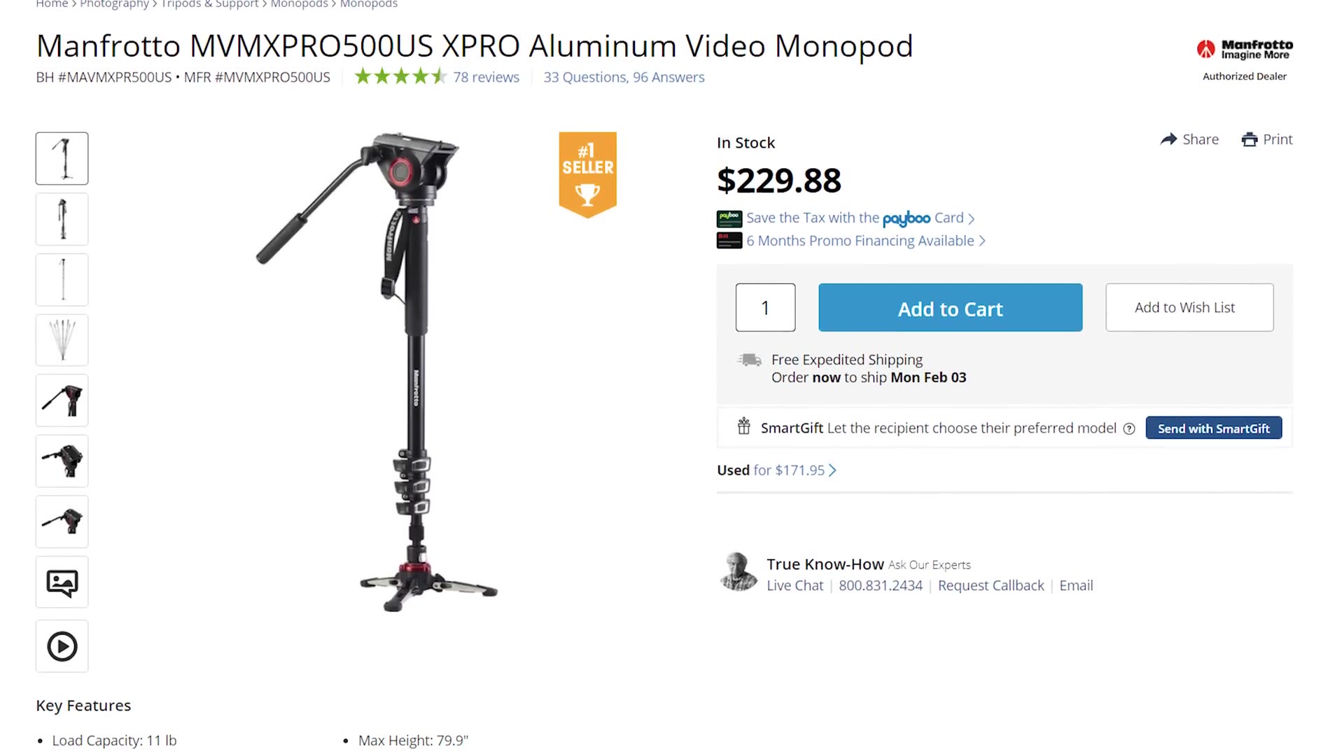 B&H listing for the Manfrotto MVMXPRO500US XPRO aluminum video monopod, priced at $229.88