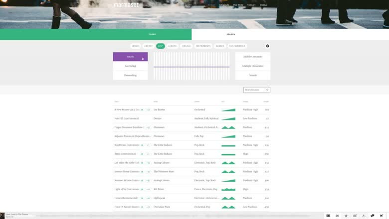 The Marmoset search results page in 2017, with a column of small green waveform graphics showing the loudness arc of each track