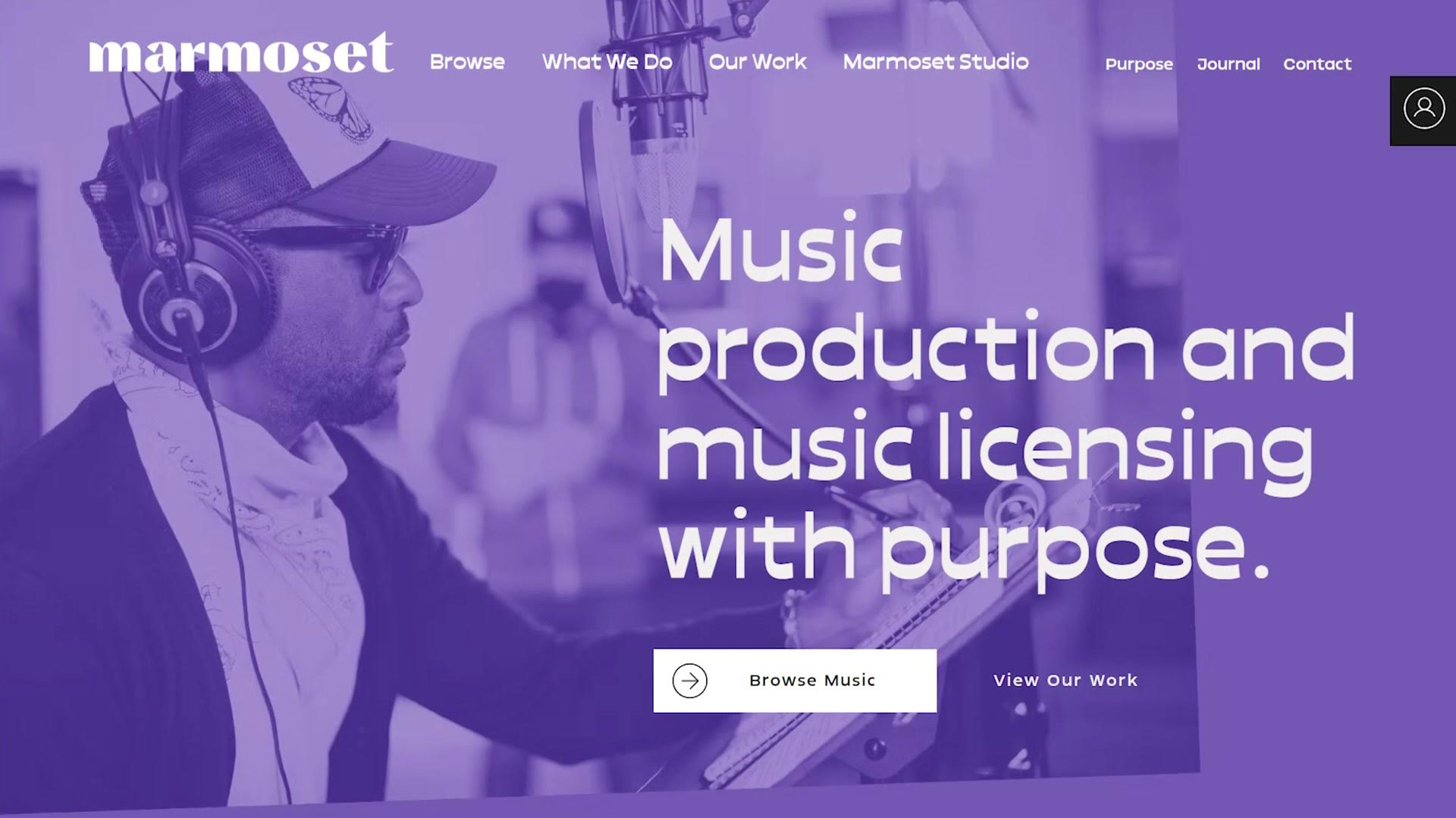 The Marmoset homepage reading Music production and music licensing with purpose