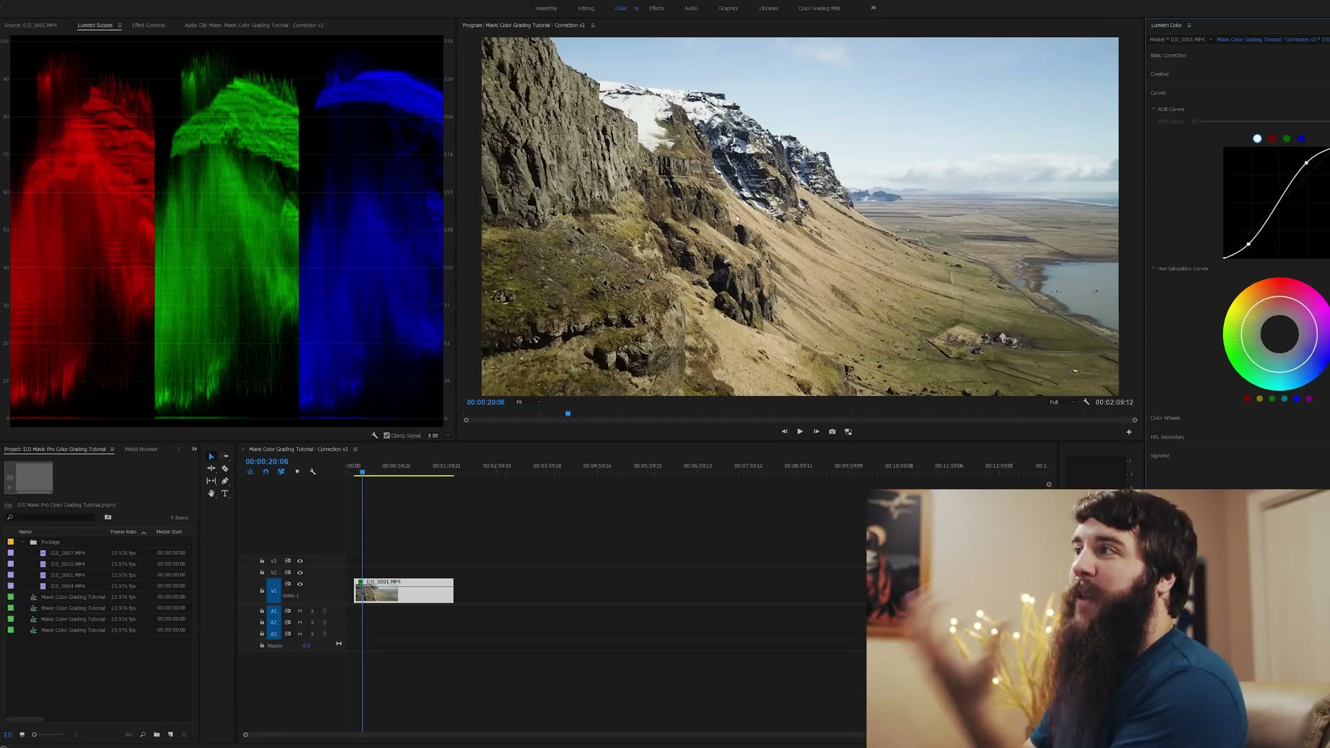Premiere Pro Lumetri Scopes showing an RGB parade stretched from near zero to near 100 next to an S-curve in the curves panel and the corrected image