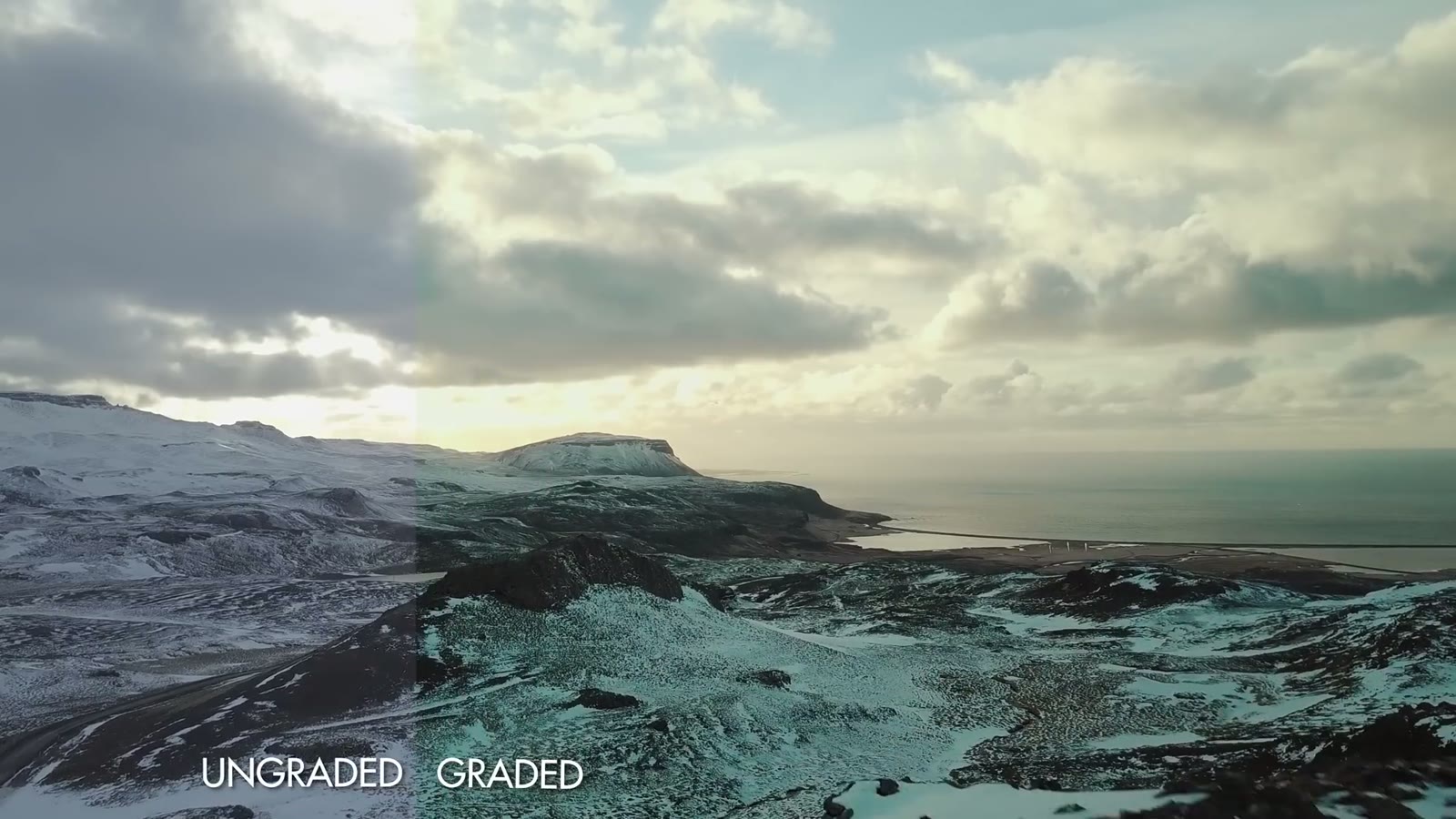 A split aerial shot of a coastline under cloud, labelled UNGRADED on the left and GRADED on the right