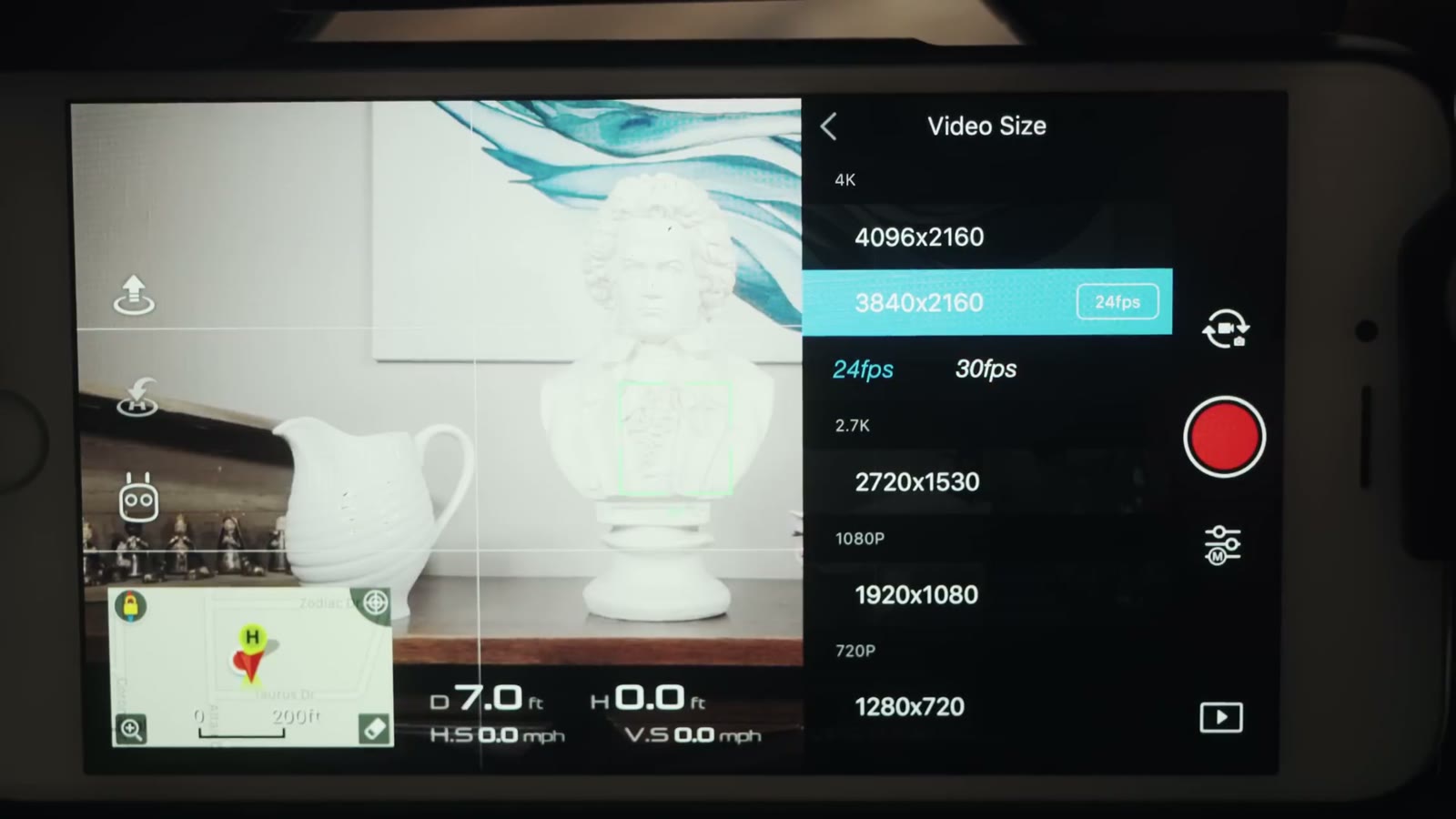 The DJI Go Video Size menu with 3840x2160 selected at 24fps, and 4096x2160, 2720x1530, 1920x1080 and 1280x720 listed