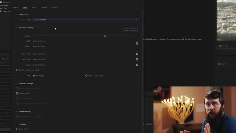 Adobe Media Encoder's encoding preset dialog with Video Codec set to GoPro CineForm and the Basic Video Settings panel below it