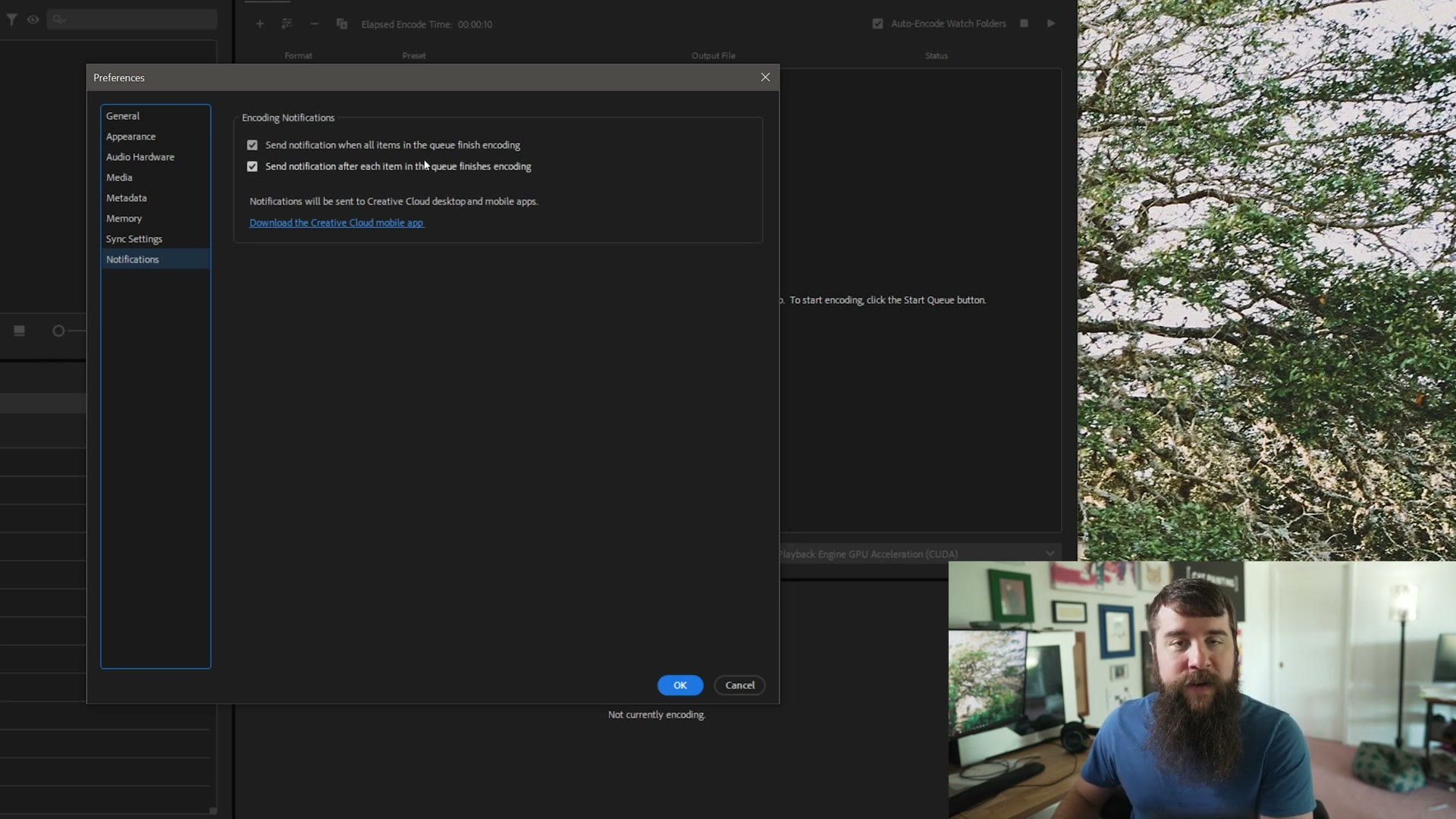 Adobe Media Encoder Preferences window on the Notifications tab with both encoding notification checkboxes ticked