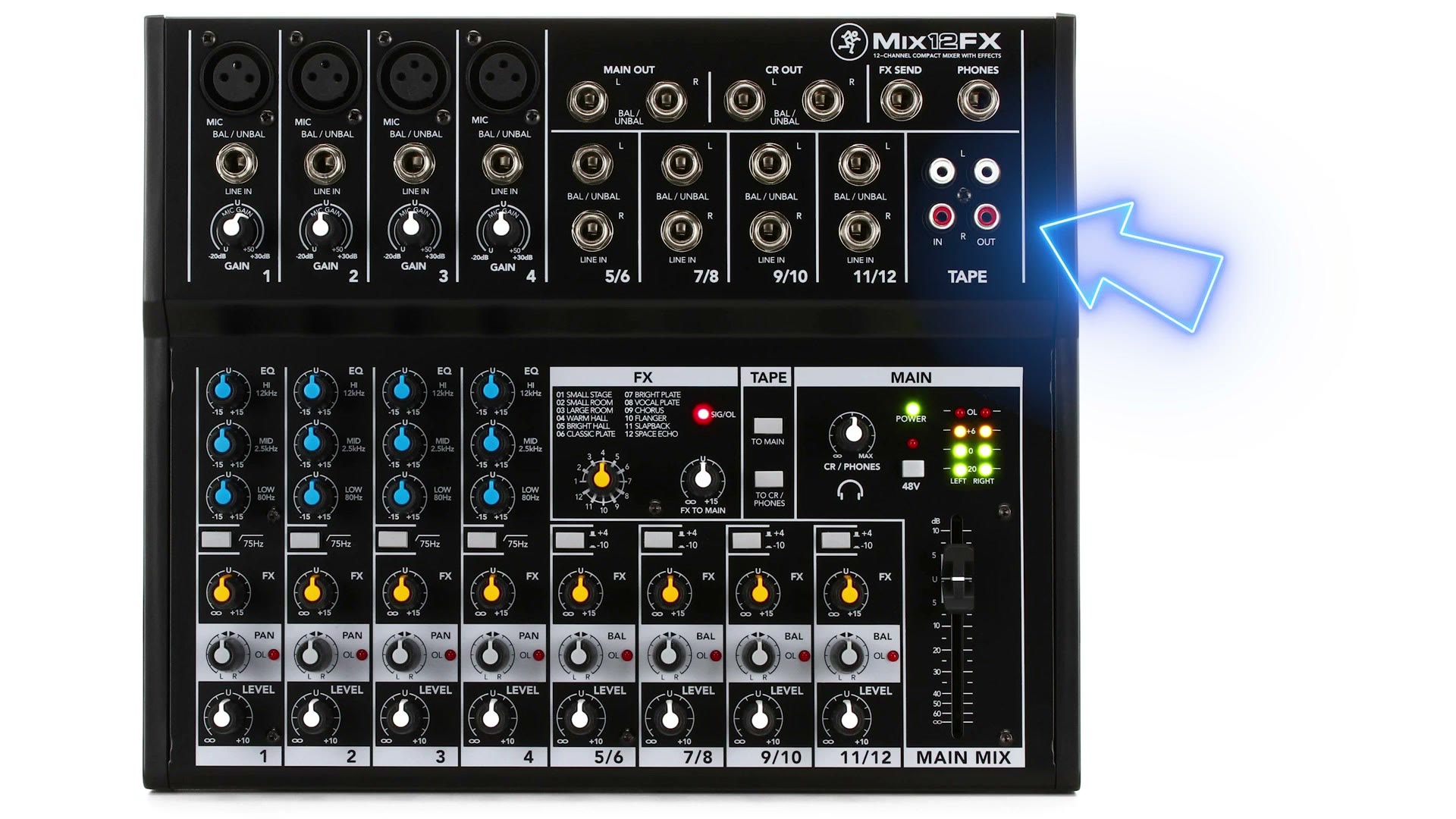 Diagram of a mixer with the RCA tape out connections highlighted