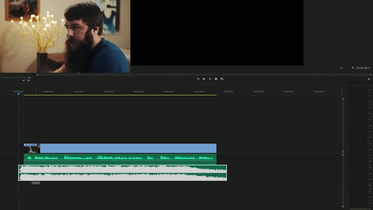 Premiere Pro timeline with a video clip above green dialogue and a ducked white music waveform beneath it