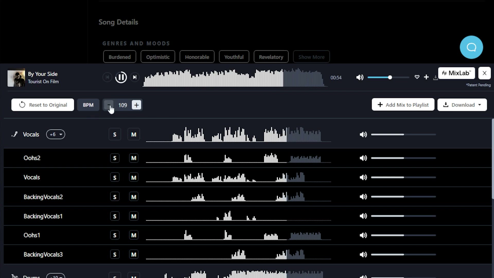 The MixLab interface showing a BPM control set to 109 with the song stems listed below