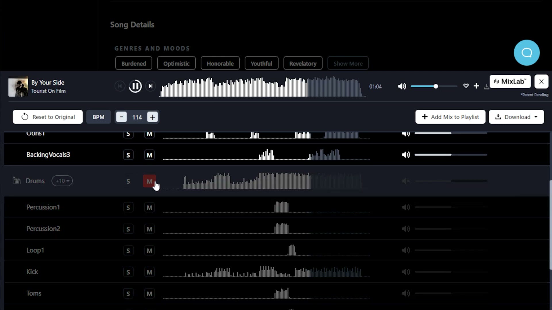 The MixLab interface with the drums stem muted