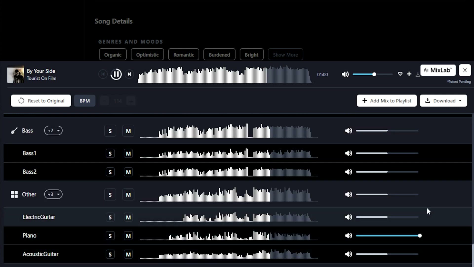 The MixLab interface showing volume sliders for the bass, electric guitar, piano and acoustic guitar stems