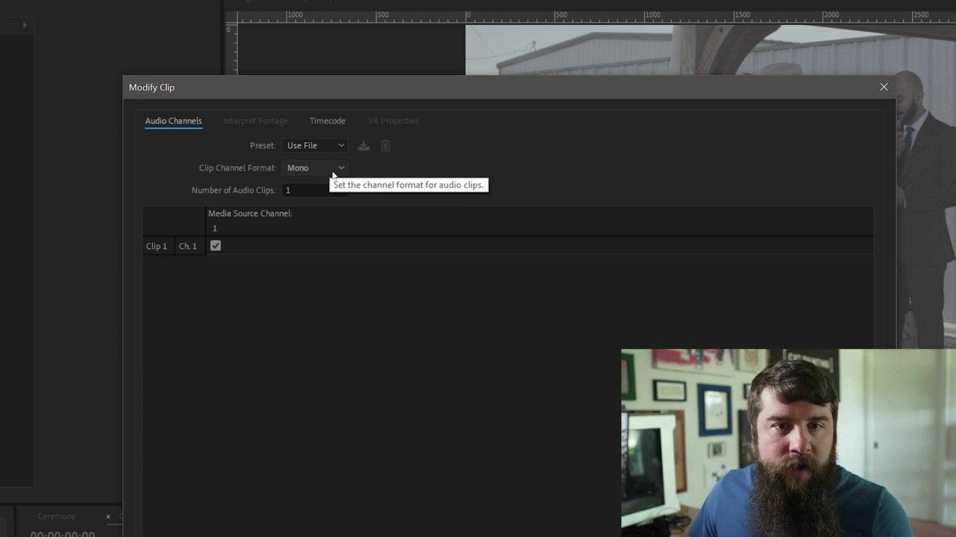 Modify Clip audio channels dialog switching mono to stereo