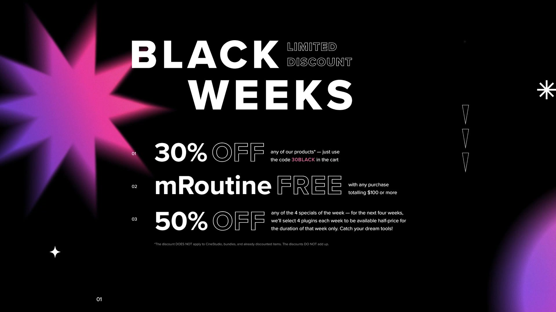 The MotionVFX Black Weeks sale graphic showing 30% off, mRoutine free and 50% off select plugins