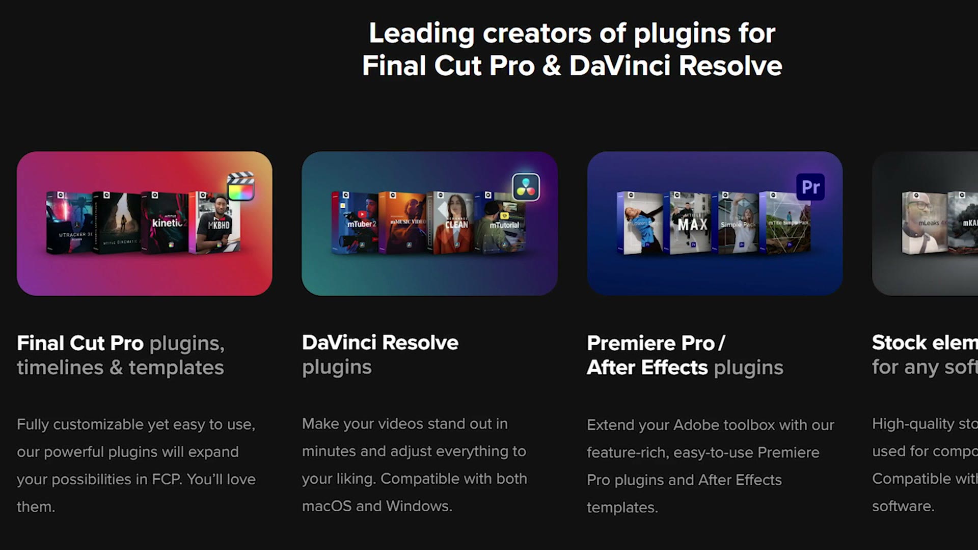 The MotionVFX website showing plugin packs for Final Cut Pro, DaVinci Resolve and Premiere Pro