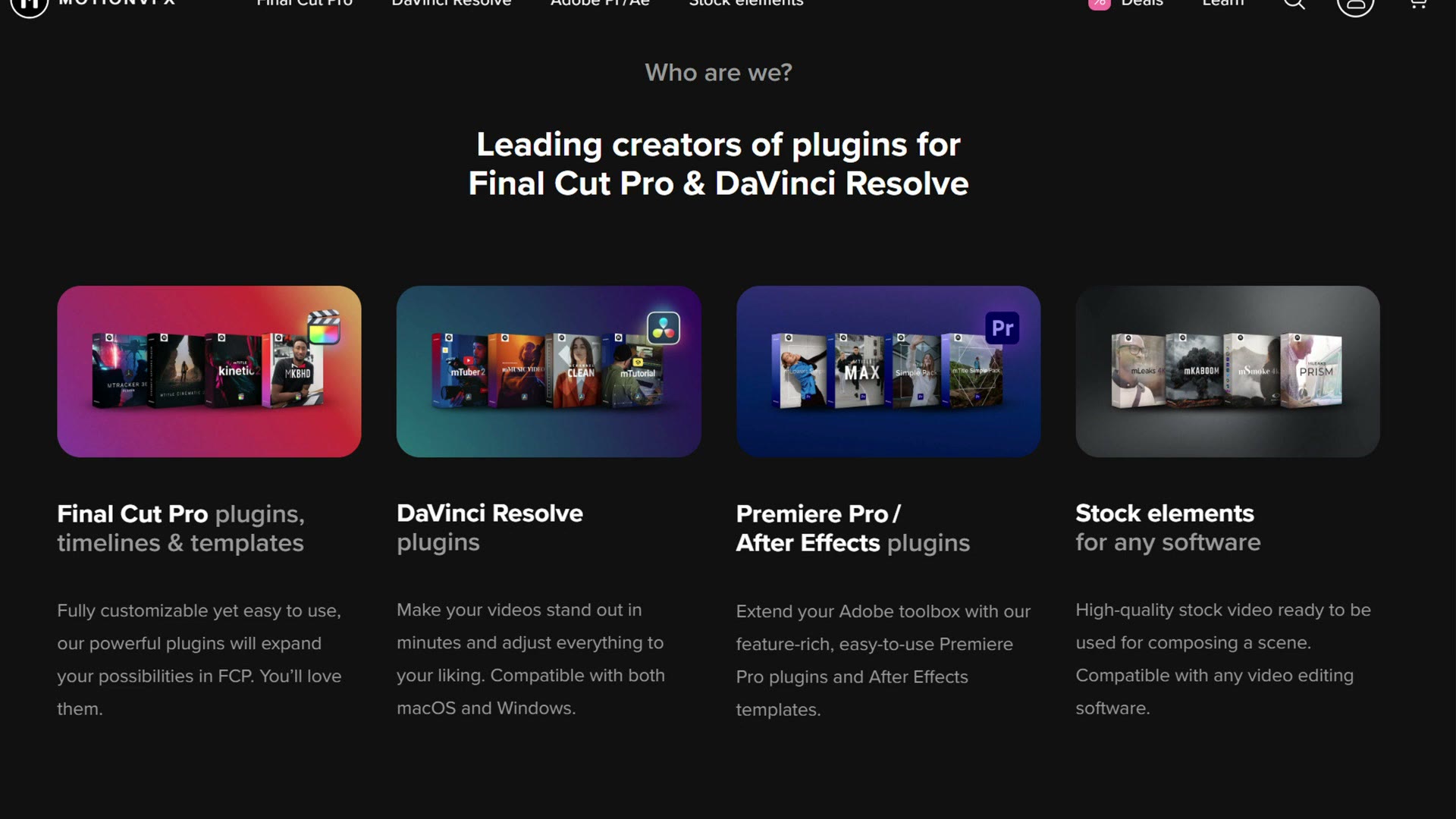 MotionVFX website showing plugins for Final Cut Pro and DaVinci Resolve
