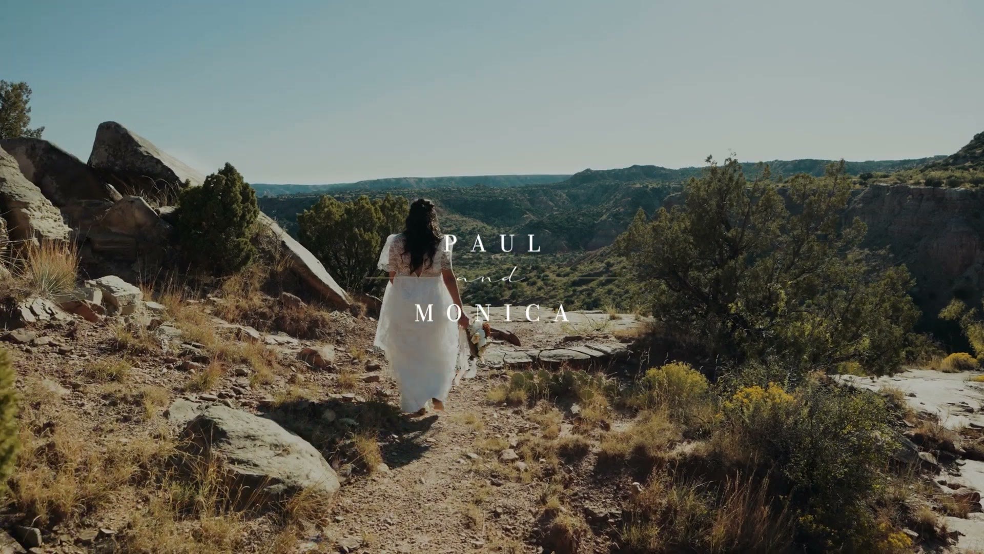 Wedding footage with an animated title reading Paul and Monica