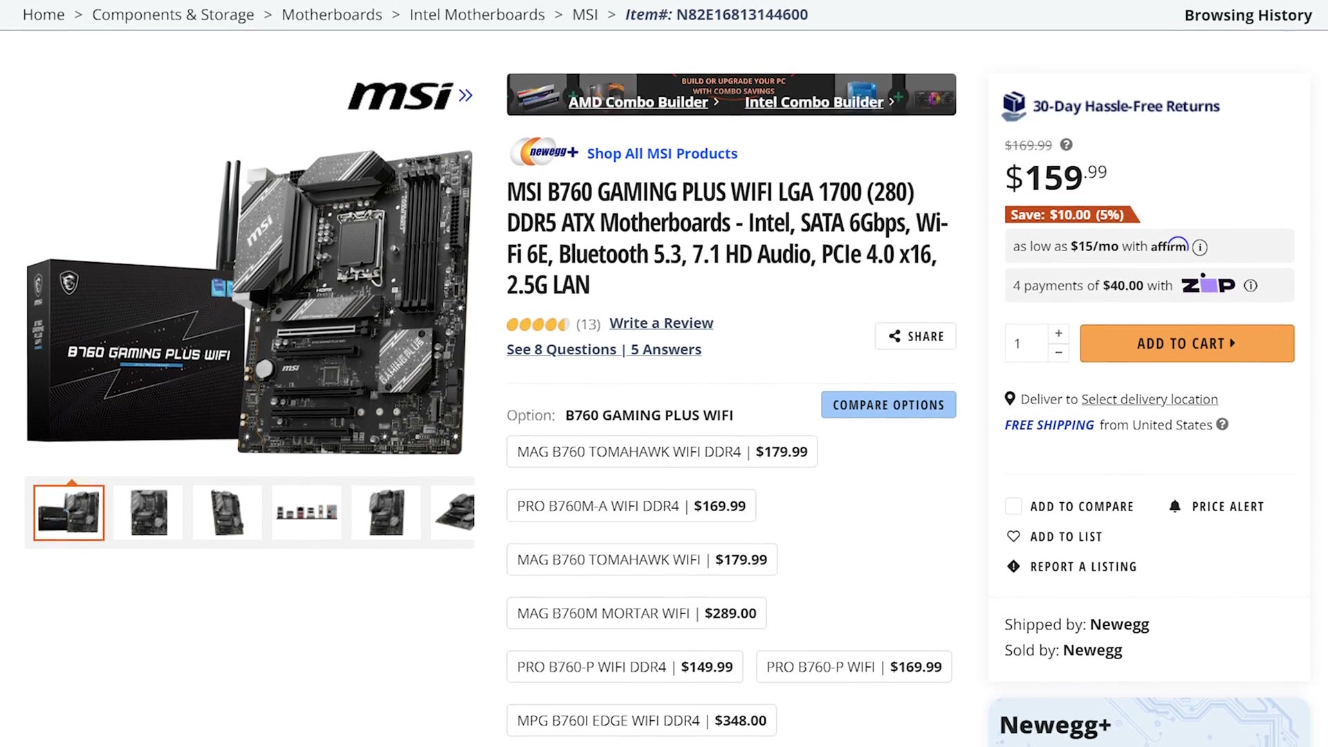 MSI B760 Gaming Plus WiFi motherboard listing