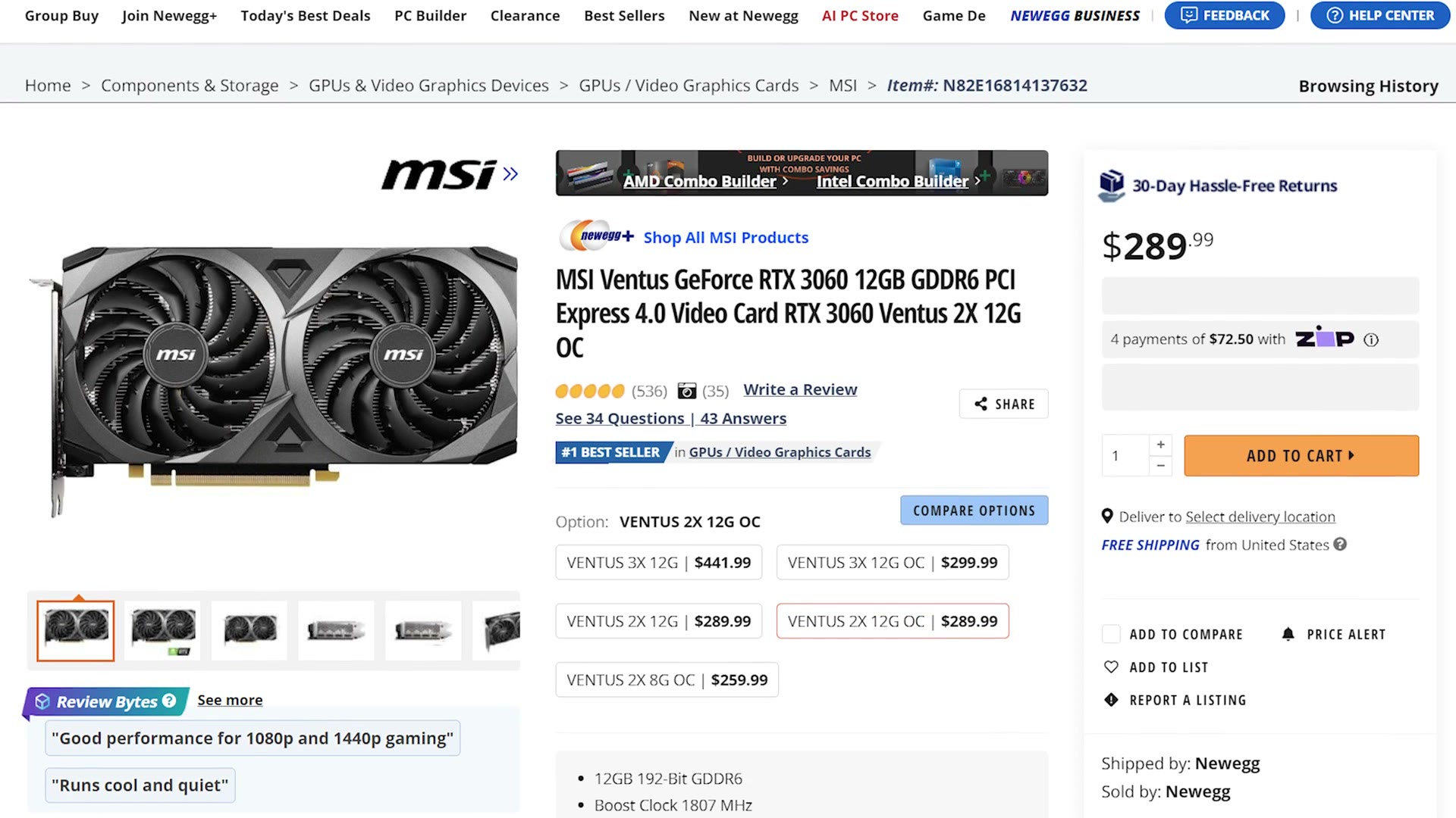 MSI Ventus GeForce RTX 3060 12GB graphics card listing