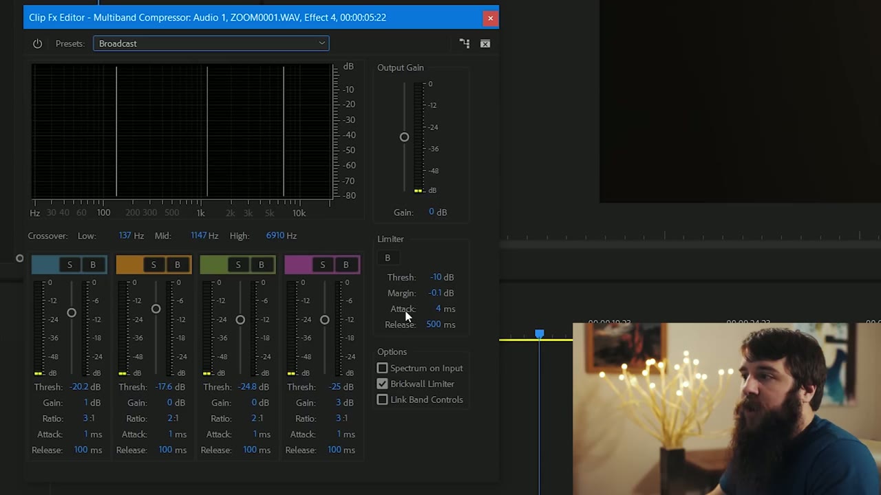 Multiband Compressor editor with the Broadcast preset applied, Limiter Threshold at -10 dB and Release at 500 ms