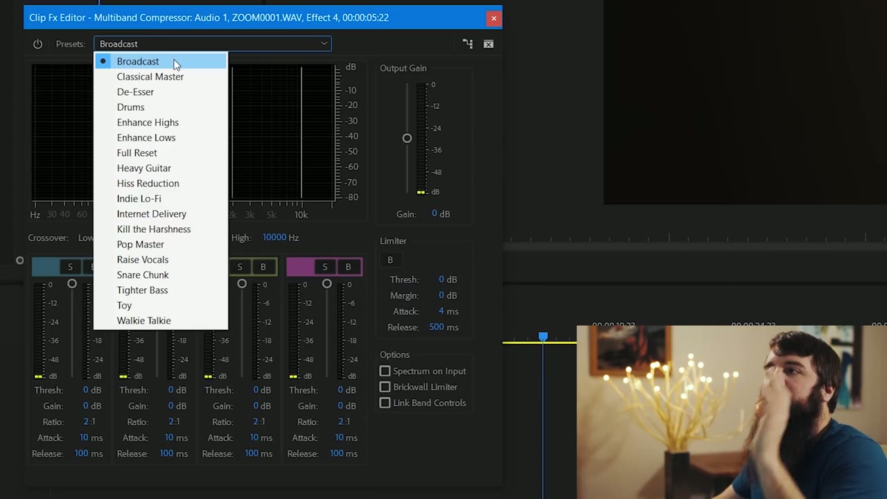 Multiband Compressor Presets dropdown open with Broadcast selected at the top of a list including Pop Master and De-Esser