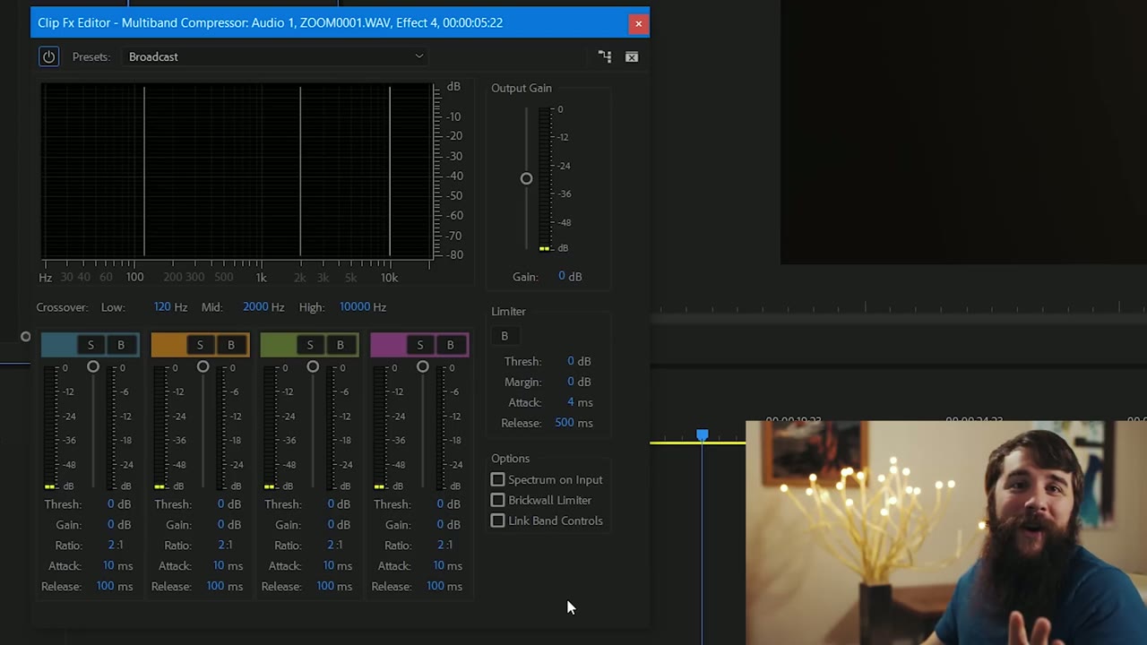 Multiband Compressor editor at default 0 dB band settings with crossover points set to 120 Hz, 2000 Hz, and 10000 Hz