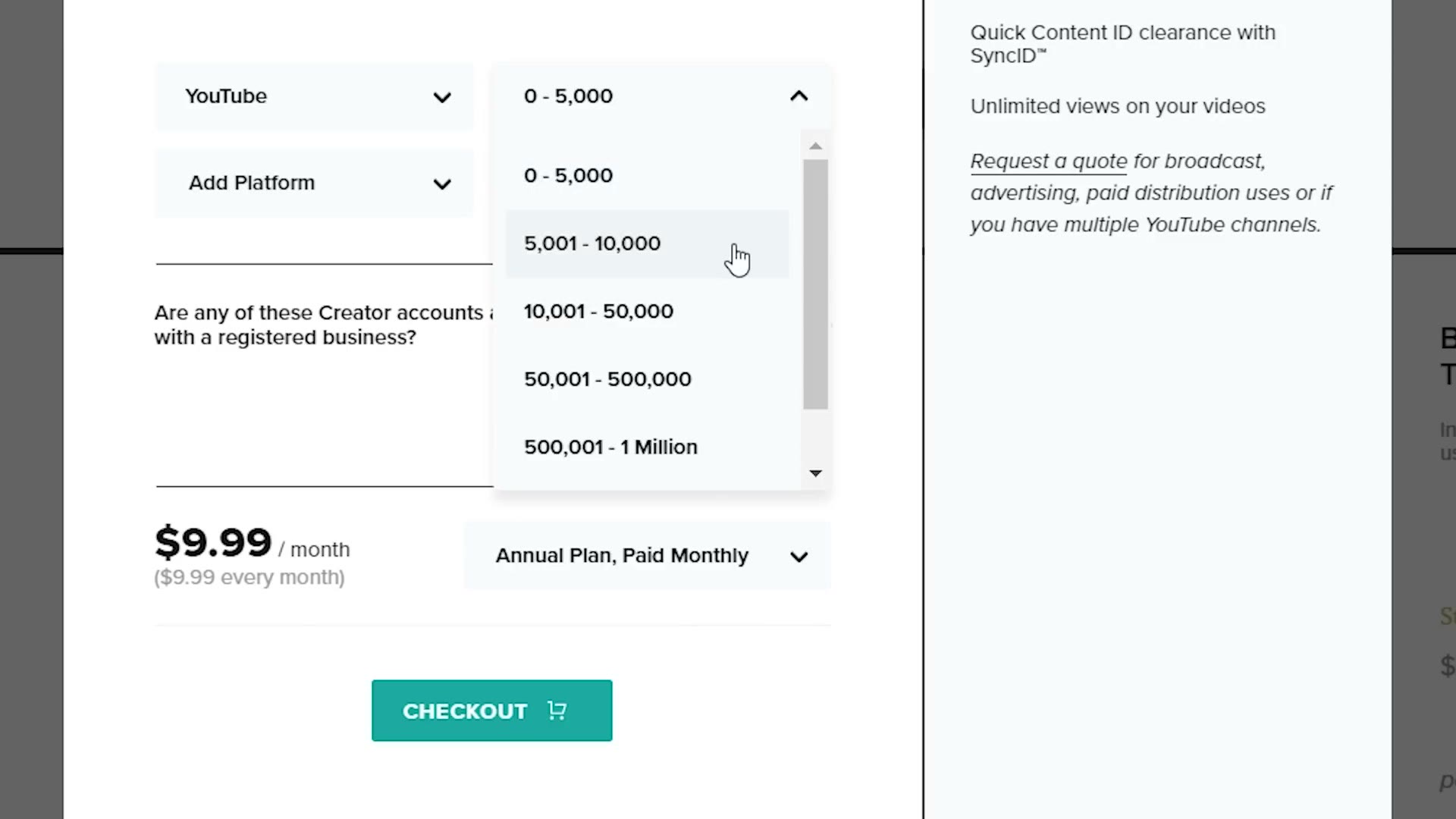 Musicbed's 2018 membership configurator with YouTube selected and the subscriber tier dropdown open, showing bands from 0 to 5,000 up to 500,001 to 1 Million, with a price of $9.99 per month