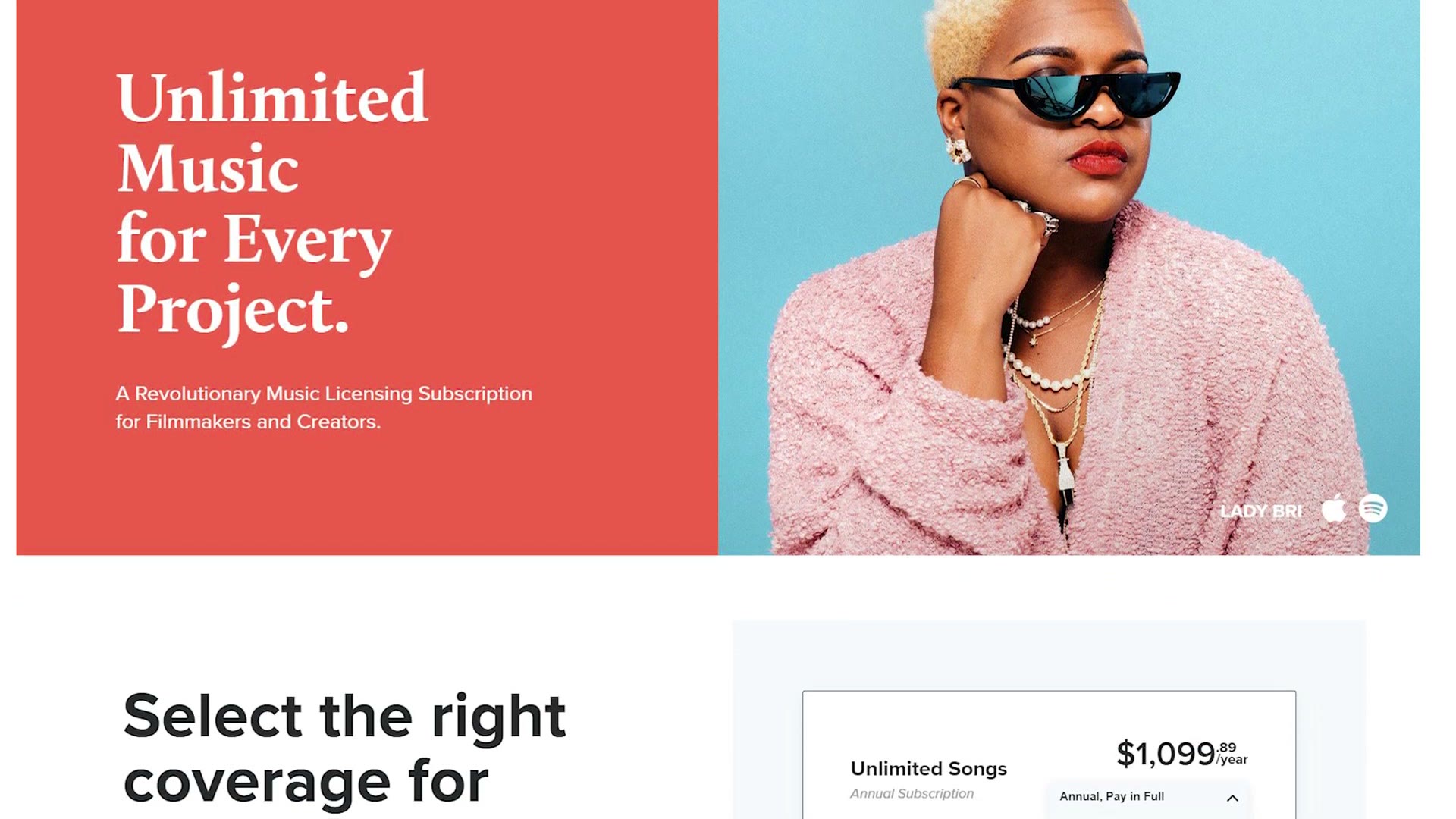 Musicbed pricing showing an unlimited songs plan at $1,099