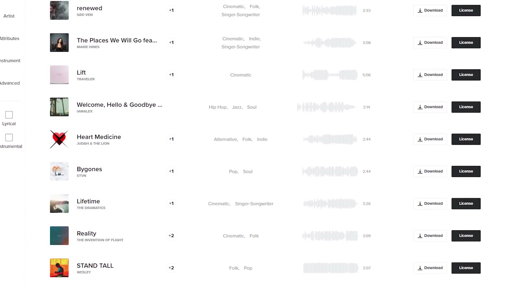 The Musicbed song library showing tracks available for licensing