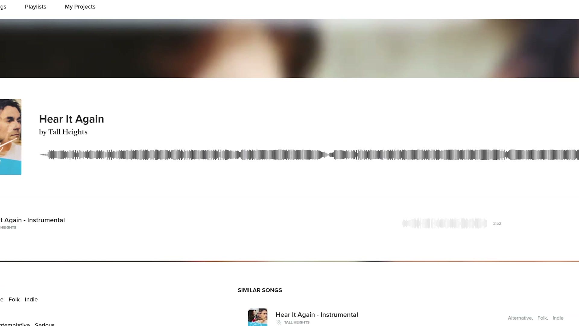 A Musicbed song page with waveform and licensing options
