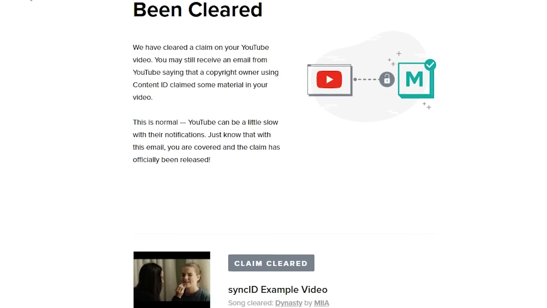 A Musicbed email headed Your YouTube Video Has Been Cleared, with a claim cleared badge naming the song that was released
