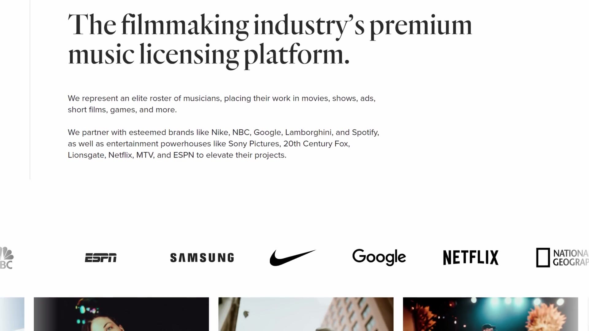 Musicbed website described as the filmmaking industry's premium music licensing platform