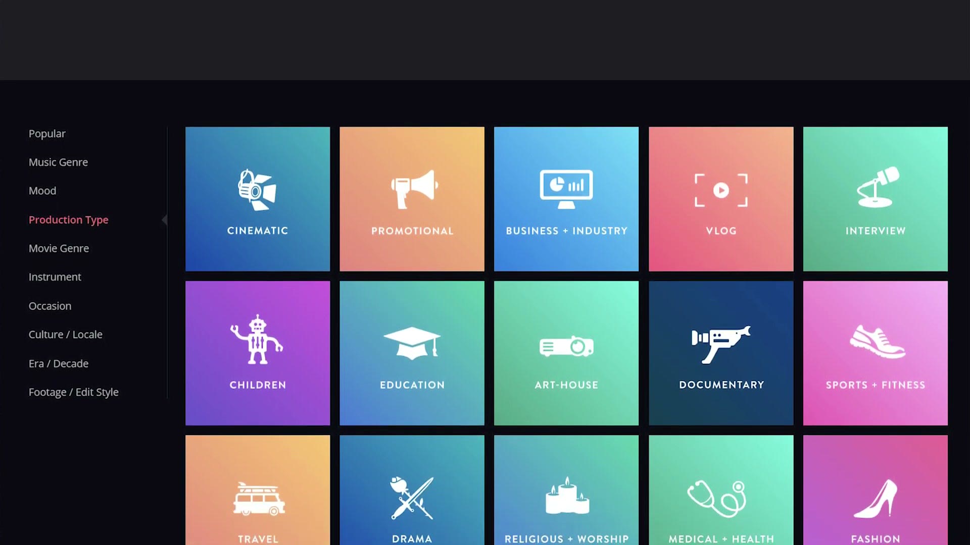 The MusicVine category grid showing options like cinematic, documentary, culture and locale