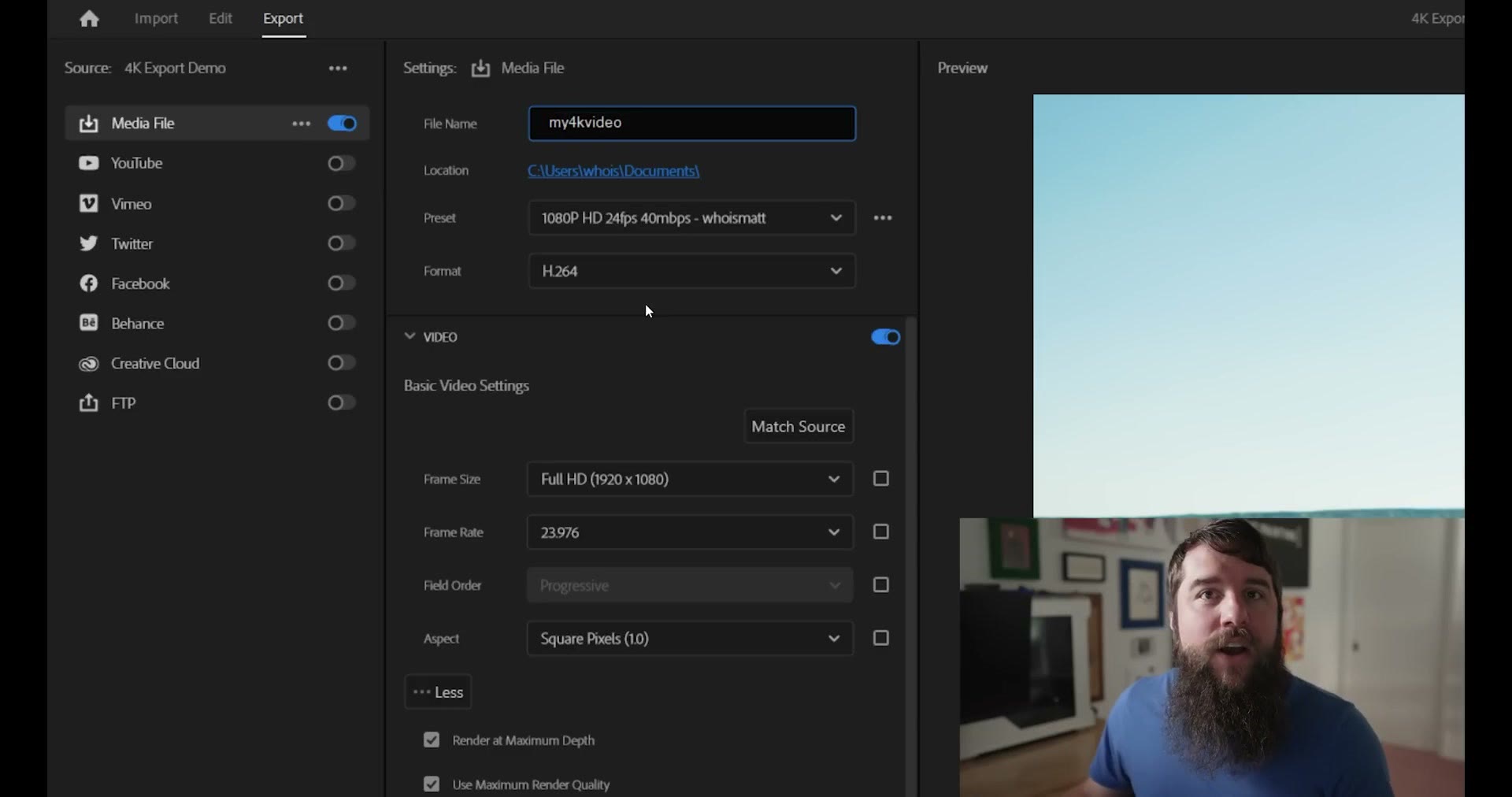 Naming the export file in the media file settings