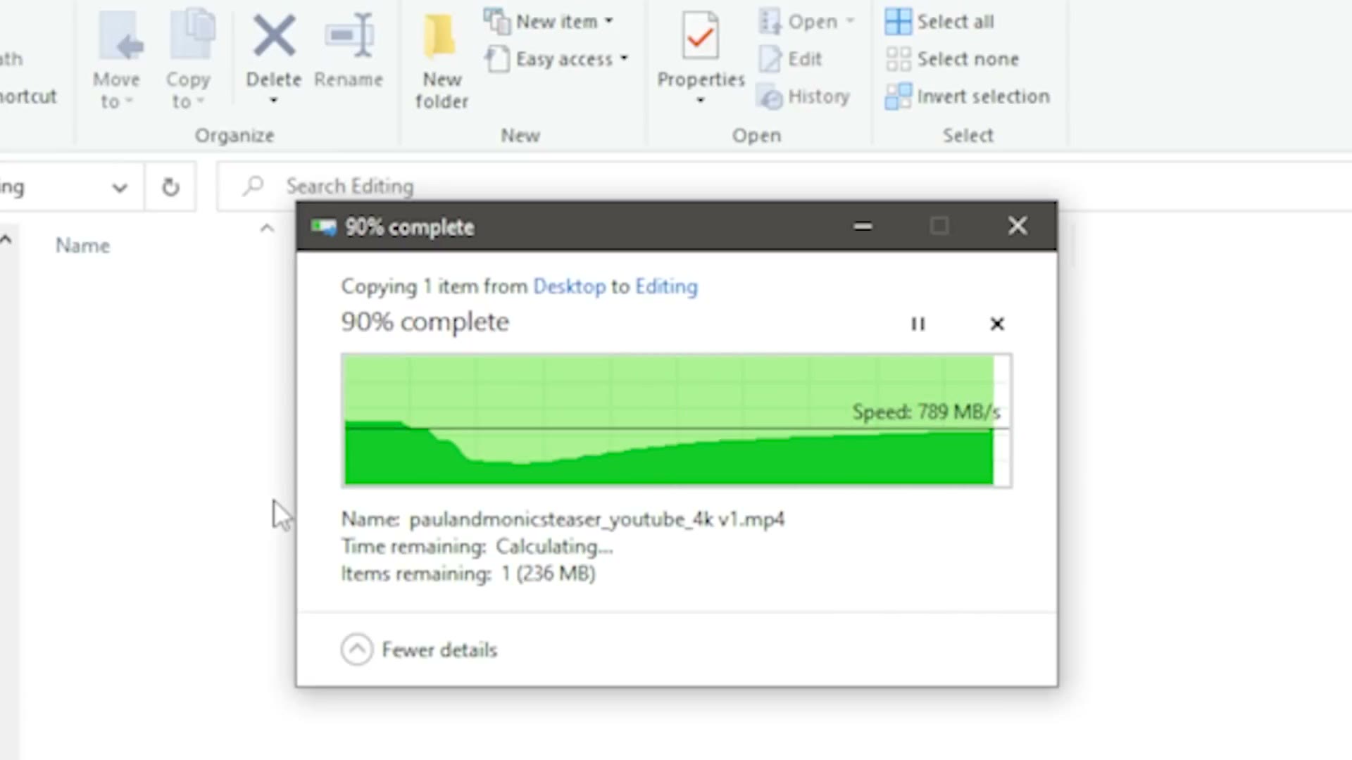 A Windows file copy dialog showing a 4K video file transferring at 789 megabytes per second