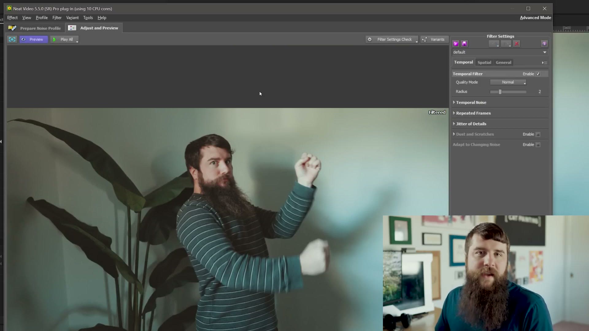 Neat Video advanced mode temporal and spatial quality settings