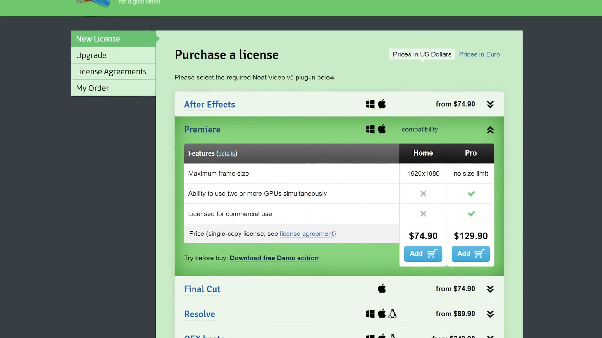 Neat Video license purchase page