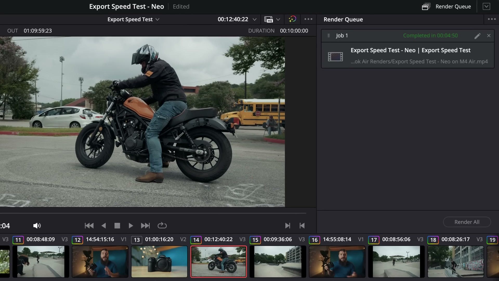 DaVinci Resolve render queue on an M4 MacBook Air showing the same job completed in 00:04:50
