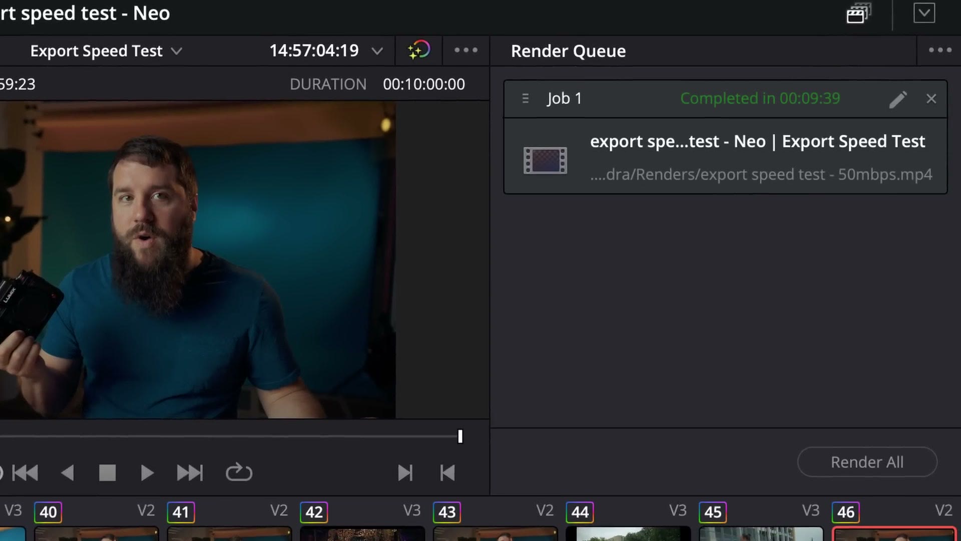 DaVinci Resolve render queue on the MacBook Neo showing Job 1 completed in 00:09:39