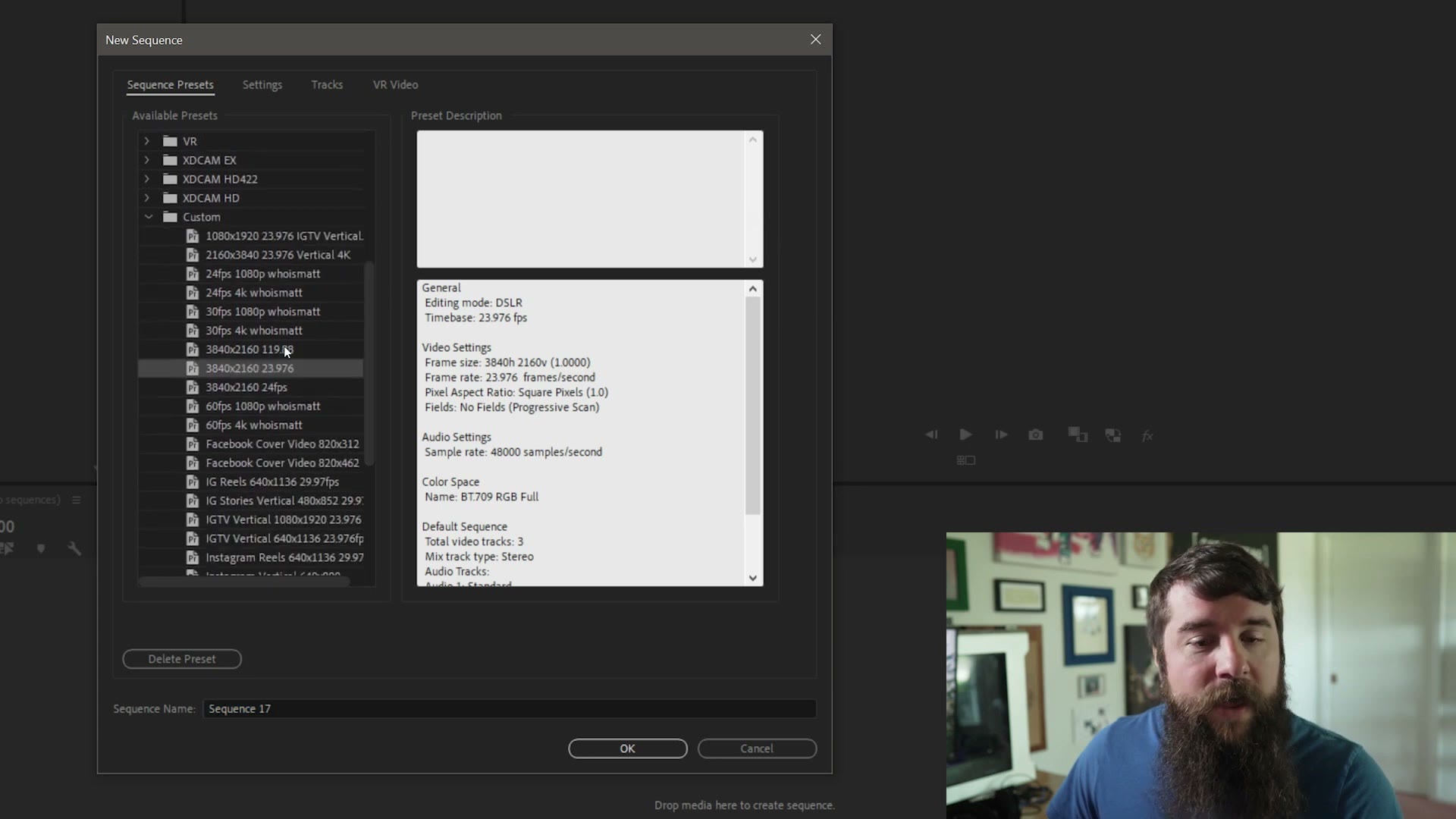 New Sequence dialog with a custom 4K 24fps preset