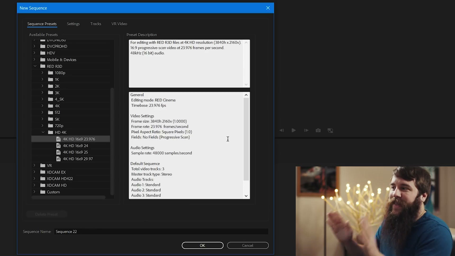 New Sequence dialog with the RED R3D > HD 4K preset '4K HD 16x9 23.976' selected and its description shown
