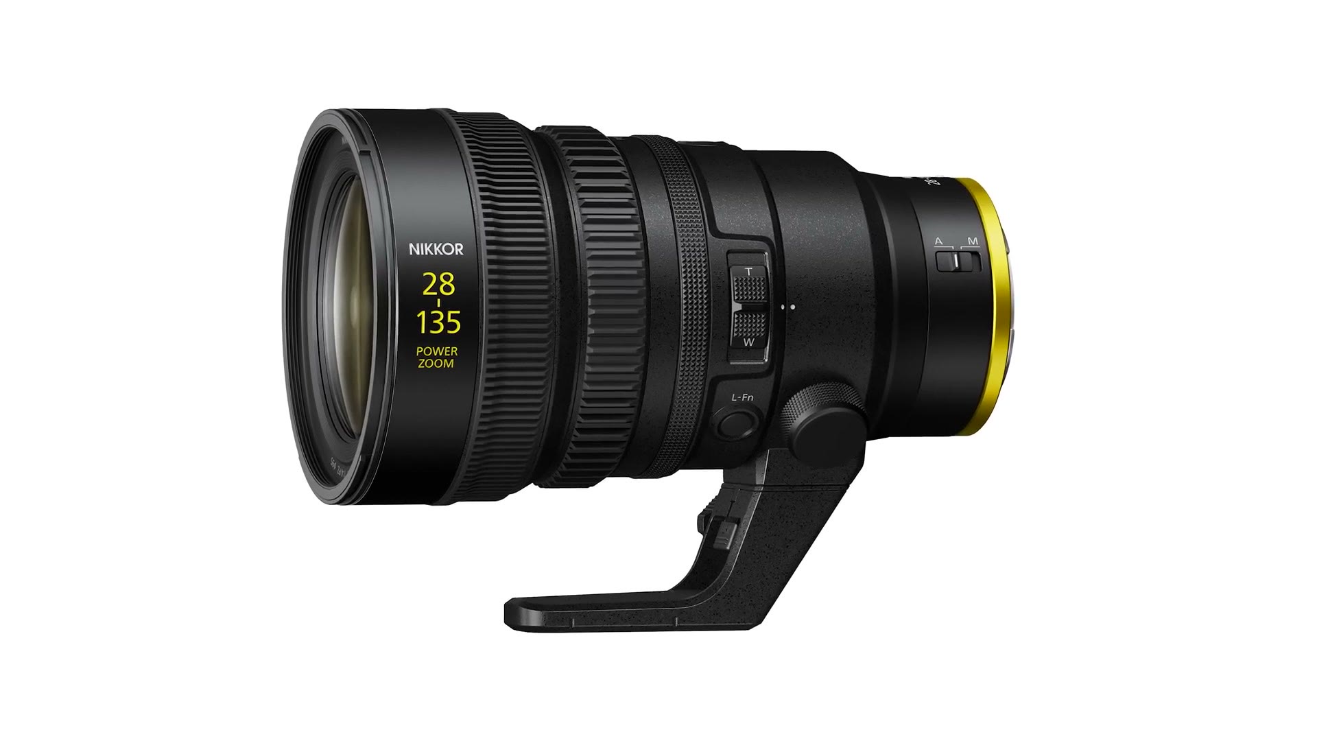 Nikon's NIKKOR 28-135mm power zoom cinema lens on a white background, showing the T and W zoom rocker, the L-Fn button, the tripod foot and the yellow ring at the mount