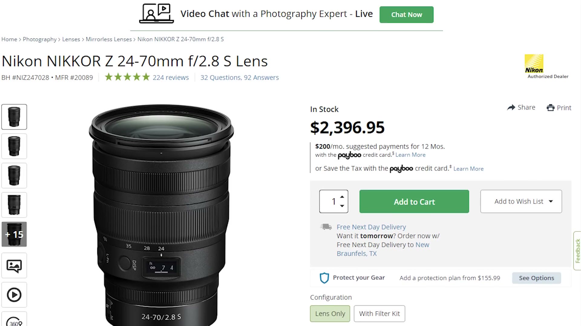 B&H product page for the Nikkor Z 24-70mm f/2.8 S lens at $2,396.95