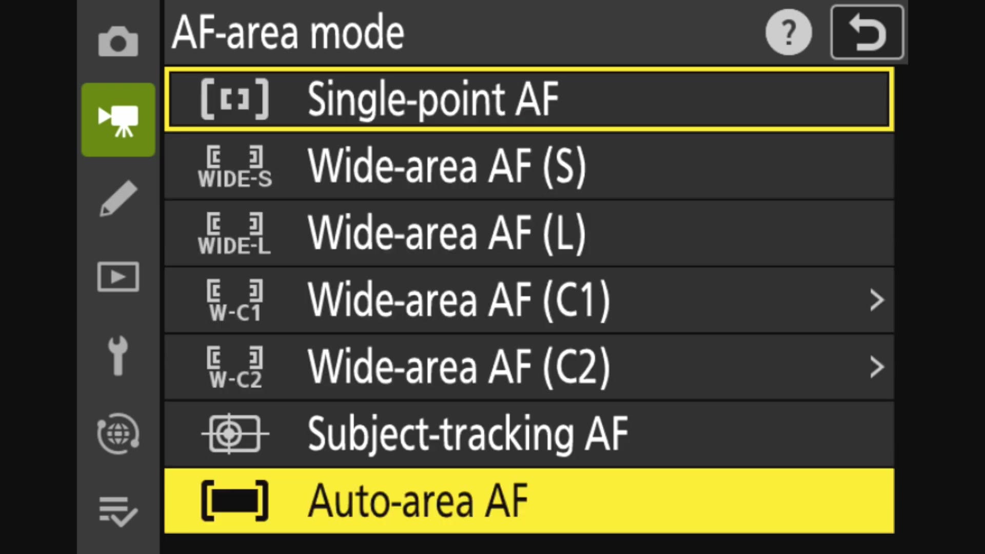 Nikon Z6 III AF-area mode menu with Auto-area AF highlighted