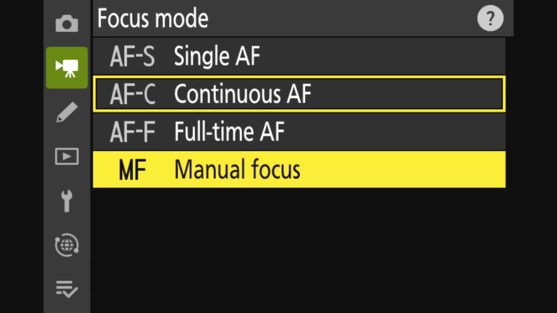 Nikon Z6 III Focus mode menu showing AF-S, AF-C, AF-F and MF options